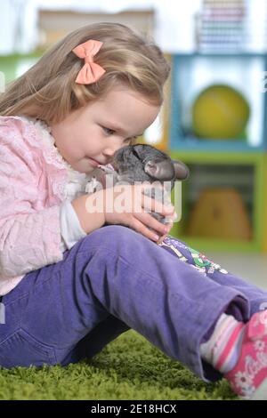 Portrait of cute little girl playing with chinchilla Stock Photo