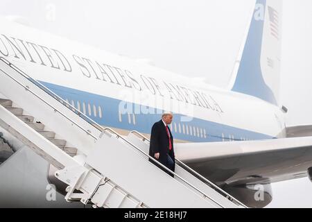 President Donald Trump disembarks Air Force One on Saturday, December 12, 2020, at Steward International Airport in Orange County, N.Y., where President Trump will attend the Army-Navy football game nearby at the U.S. Military Academy in West Point, N.Y. Stock Photo