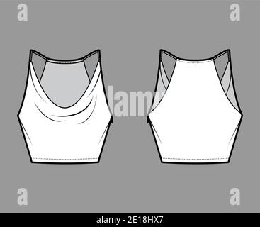 Tank low cowl Crop Camisole technical fashion illustration with thin adjustable straps, slim fit, waist length. Flat outwear top template front, back, white color. Women men unisex CAD mockup Stock Vector