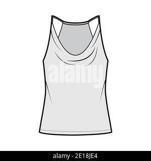 Tank low cowl Crop Camisole technical fashion illustration with thin adjustable straps, oversized, waist length. Flat outwear top template front, grey color. Women men unisex CAD mockup Stock Vector