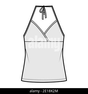 Top halter neck surplice tank cotton-jersey technical fashion illustration with empire seam, bow, oversized, tunic length. Flat outwear template front, grey color. Women men CAD mockup Camisole Stock Vector