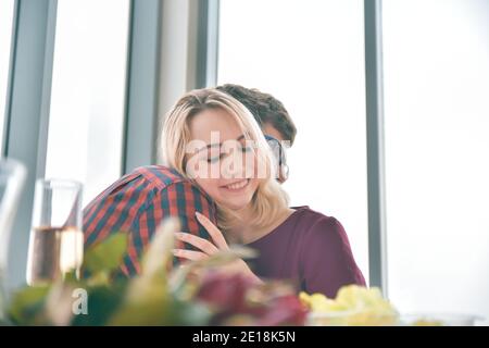 Couple surprise Rose flower in dating time Valentine's day, Stock Photo