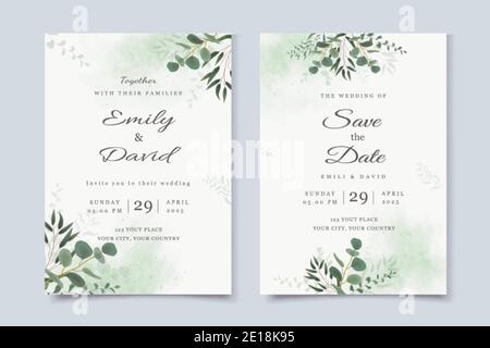 Wedding invitation template with eucalyptus leaves and watercolor background vector illustration Stock Vector
