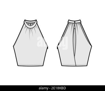 Top crop banded high neck halter tank technical fashion illustration with wrap, slim fit, waist length. Flat apparel outwear template front, back, grey color. Women men unisex CAD mockup Stock Vector