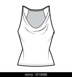 Tank low cowl Camisole technical fashion illustration with thin adjustable straps, slim fit, tunic length. Flat apparel outwear top template front, white color. Women men unisex CAD mockup Stock Vector