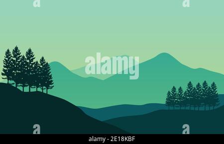 Nice scenery of trees and mountains in the morning. City vector illustration Stock Vector