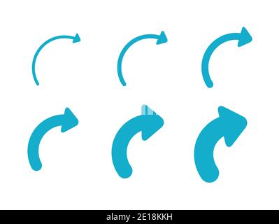 Set Arrows and directions signs right. different thicknesses from thin to thick. Blue Vector arrows isolated on white background. Stock Vector