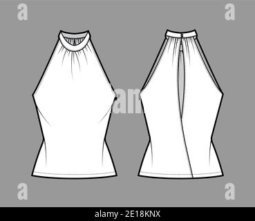 Top banded high neck halter tank technical fashion illustration with wrap, slim fit, tunic length. Flat apparel outwear template front, back, white color. Women men unisex CAD mockup Stock Vector