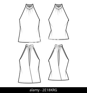 Set of Tops banded high neck halter tank technical fashion illustration with wrap, slim, oversized fit, tunic length. Flat apparel outwear template front, back, white color. Women men CAD mockup Stock Vector