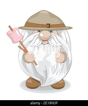 cute gnome scout show like with marshmallows on stick, picture in hand drawing cartoon style for greeting postcard, card, stickers, smiles Stock Vector