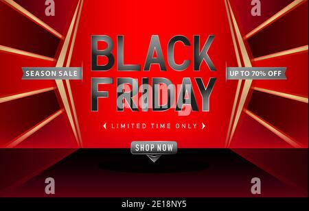 Black Friday Sale red gold design, Label Season Sale on abstract red and black background with ribbon silver. Black Friday sign for advertising Stock Vector