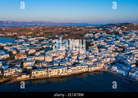 Aerial shot of Naousa town in the Greek island of Paros. Stock Photo