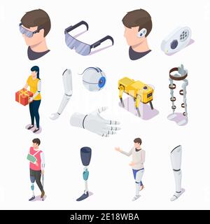 Isometric glass eye, arm, leg prosthesis, blind glasses, hearing aid, flat vector illustration. Prosthetic equipment. Stock Vector