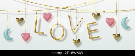 Valentines Day greeting card. Realistic 3d red and gold hearts, blue months, hanging on thread. Gold metalic text. Template for products, web banners Stock Vector