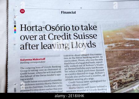 'Horta-Osório to take over at Credit Suisse after leaving Lloyds' bank CEO Guardian Financial newspaper headline on 2 Dec 2020 in London England UK