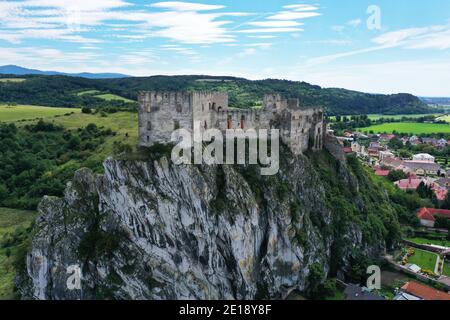 Aerial view of Beckov Castle in the village of Beckov in Slovakia Stock Photo