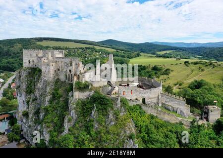 Aerial view of Beckov Castle in the village of Beckov in Slovakia Stock Photo