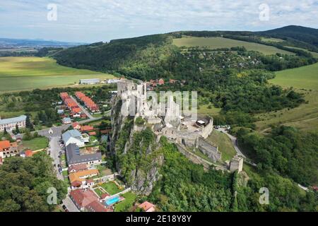 Aerial view of Beckov Castle in the village of Beckov in Slovakia Stock Photo