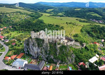 Aerial view of Beckov Castle in the village of Beckov in Slovakia Stock Photo