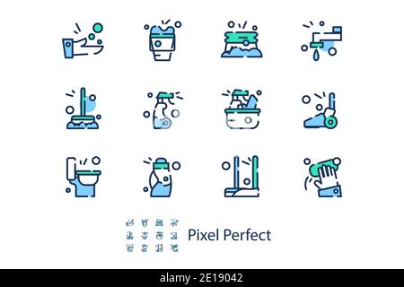 Linear icons on the theme of cleaning in a flat style Stock Vector