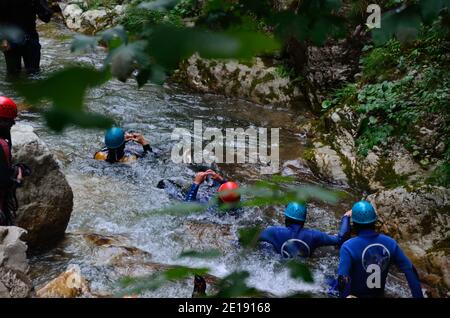 canyoning in cold water and wild mountains Stock Photo