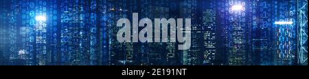 Binary computer code virtual city skyline. Matrix Mixed Media Background Stock Photo