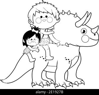 Children riding a triceratops prehistoric animal. Vector black and white coloring page Stock Vector