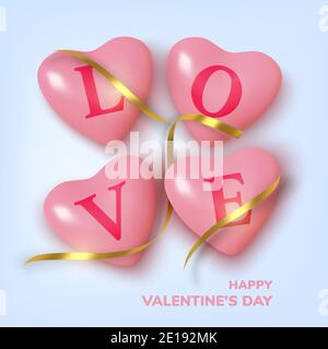 Valentines Day greeting card. Realistic 3d pink hearts in tinsel and text . Love and wedding. Template for products, web banners and leaflets. Vector Stock Vector