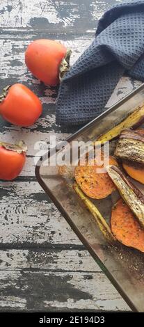 Baked vegetable in a wood table background Stock Photo