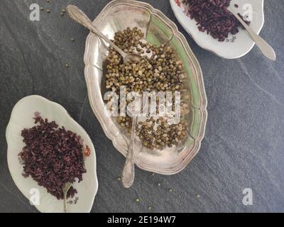 Black rice and soya beans bowls Stock Photo