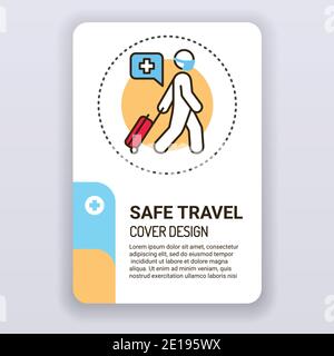 Safe travel brochure template. Tourist with luggage cover design. Print design with linear illustration cartoon character on a white background Stock Vector