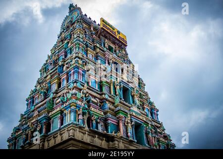 Beautiful view of the gopuram (tower) of Masani Amman Temple in Anaimalai, Pollachi, Coimbatore district of Tamil Nadu state, India. Stock Photo