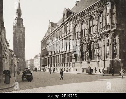 19th century vintage photograph: The 91-metre-tall belfry of Ghent is one of three medieval towers that overlook the old city centre of Ghent, Belgium. Stock Photo