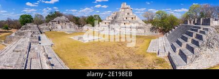 Campeche, Mexico. Edzna Mayan City. Panoramic view of the Pyramid of the Five Floors and Gran Acropolis. Stock Photo