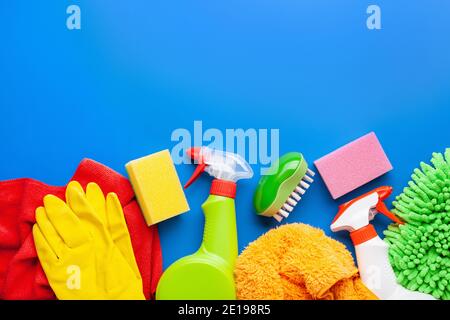 cleaning products household chemicals spray brush sponge glove Stock Photo