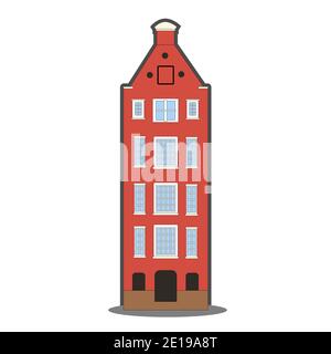 Amsterdam old house in the Dutch style. Orange colorful historic facade with outline. Traditional architecture of Netherlands. Vector illustration fla Stock Vector