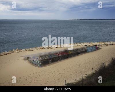 Lost abandoned places world war two Bunker remains ruins at Plage de la Corniche beach Dune du Pilat in Arcachon, La Teste de Buch Gironde Nouvlle Aqu Stock Photo