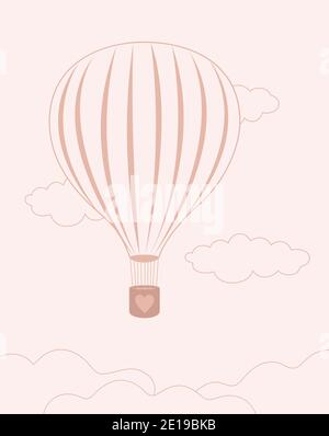 Valentines day background with pink air balloon flying in the clouds on gentle dusty pink background  Vector illustration Stock Vector
