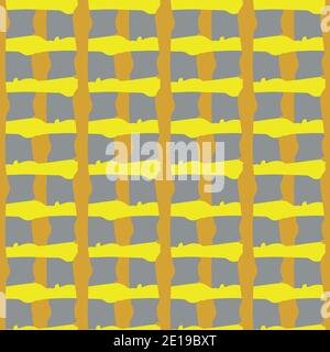 Painterly irregular weave grid vector seamless pattern background. Organic yellow grey woven backdrop. Criss cross burlap effect linear geometric Stock Vector
