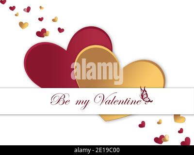 Valentine's day banner with red and gold colored hearts, be my valentine and love concept card design, romantic Valentine card template Stock Photo