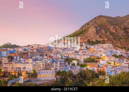 Chefchaouen, situated in northwest Morocco is known as the Blue Pearl with its noted shades of blue on town's historic buildings. Stock Photo