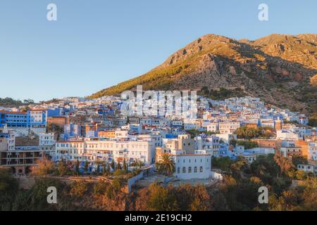 Chefchaouen, situated in northwest Morocco is known as the Blue Pearl with its noted shades of blue on town's historic buildings. Stock Photo