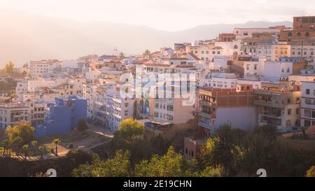 Chefchaouen, situated in northwest Morocco is known as the Blue Pearl with its noted shades of blue on town's historic buildings. Stock Photo