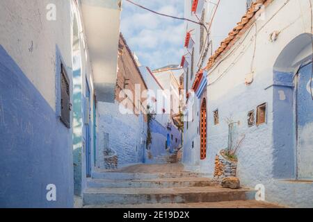 Chefchaouen, situated in northwest Morocco is known as the Blue Pearl with its noted shades of blue on town's historic buildings. Stock Photo