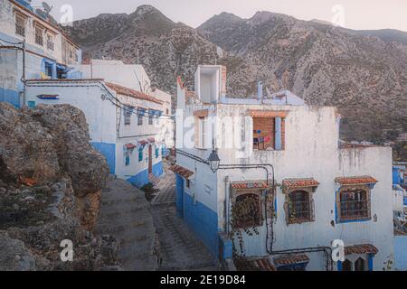 Chefchaouen, situated in northwest Morocco is known as the Blue Pearl with its noted shades of blue on town's historic buildings. Stock Photo