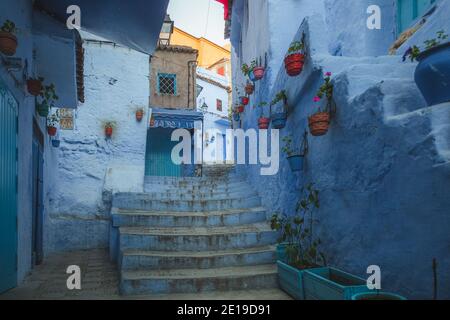 Chefchaouen, situated in northwest Morocco is known as the Blue Pearl with its noted shades of blue on town's historic buildings. Stock Photo