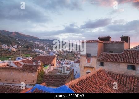 Chefchaouen, situated in northwest Morocco is known as the Blue Pearl with its noted shades of blue on town's historic buildings. Stock Photo