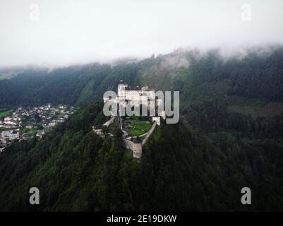 Panoramic view of Festung Hohenwerfen rock Castle medieval fortification on precipice Werfen Salzach valley Salzburg Austria Europe Stock Photo