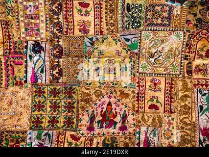 Rajasthani traditional patchwork carpet in Jaisalmer, India. Stock Photo