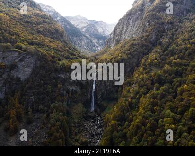 Aerial panorama of Foroglio waterfall river cliff swiss alps mountains in Bavona Maggia Valley Ticino Switzerland in Europe Stock Photo
